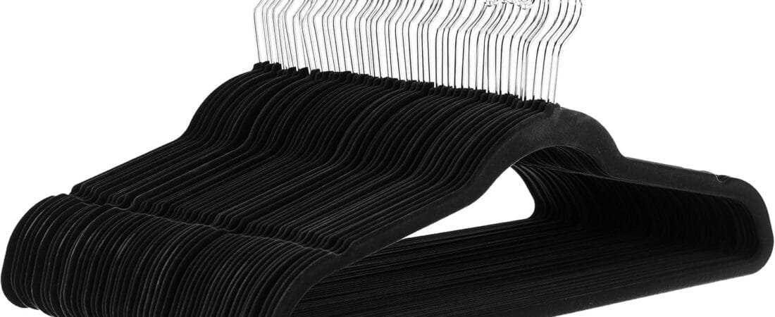 Amazon Basics Slim Velvet Non-Slip Space Saving Suit Clothes Hangers for Closet Organization, Black/Silver, 30-Pack