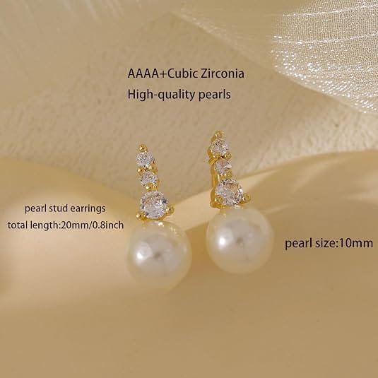 Pearl stud earrings with AAAA+ cubic zirconia. Total length is 20mm (0.8 inch) and pearl size is 10mm