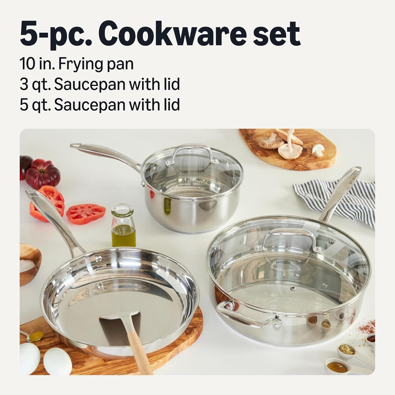 Steel Cookware Set, 5-Piece, All Cooktop Friendly, Dishwasher-Safe, Induction Compatible
